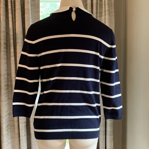 Talbots sz Mp navy blue and white striped sweater with removable collar - Picture 2 of 6